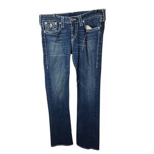 True Religion Brand Jeans 32 Bootcut Dark Wash Distressed USA Made Flap Pocket